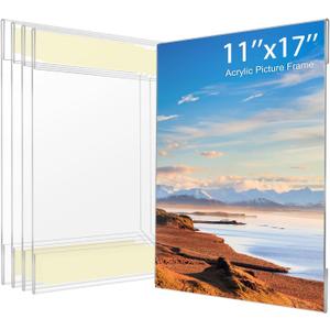 11x17 Acrylic Picture Frame, Clear Frameless Photo Frame for Wall Mount, No Drilling Picture Frames with Tape, Pack of 5 Floating Hanging Picture Frames for Home, School, Office