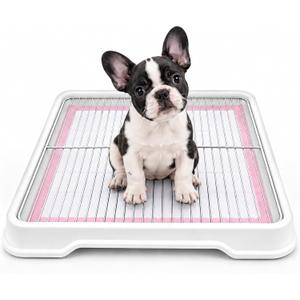 Dog Litter Box, Indoor Puppy Potty Tray with Stainless Steel Grate, White