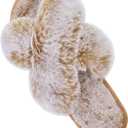 Parlovable Women's Fuzzy Slippers Comfy Cross Band House Shoes Memory Foam Open Toe Indoor Gifts for Ladies (7-8, Tip Camel)