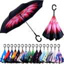 Inverted Reverse Umbrella with C-shaped Handle Windproof Upside Down Umbrellas for Rain Double Layer Hands Free Umbrella for Women and Men (Pink Daisy)