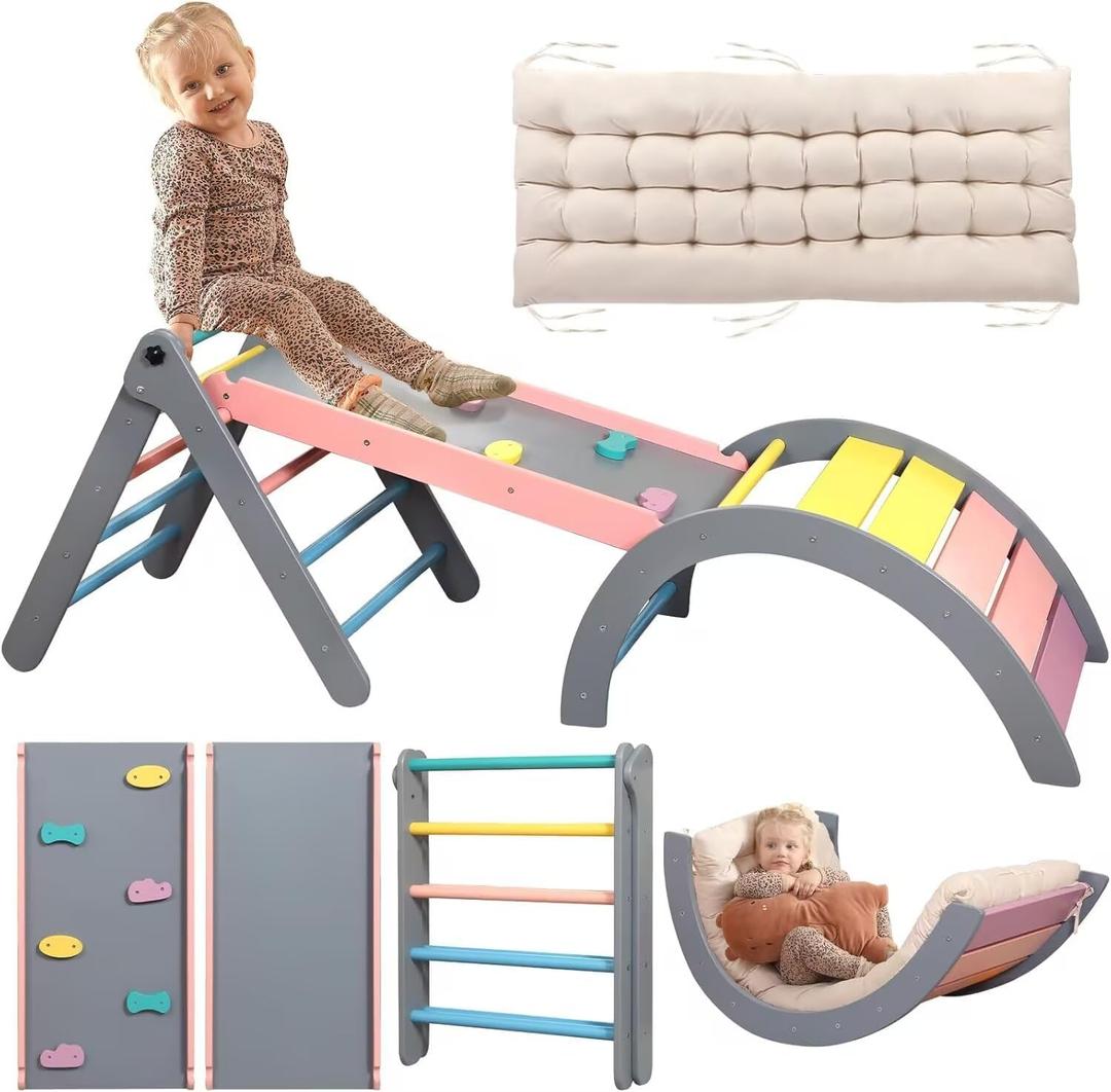 Pikler Triangle Set with Cushion, 7 in 1 Toddler Climbing Toys Indoor, Montessori Foldable Climbing Set, Wooden Climbing Toys for Toddlers Inside with Ramp, Arch and Ladder (Rainbow with Blue), Medium