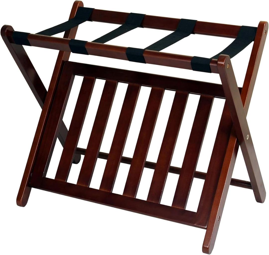 Solid Wood Luggage Rack Foldable Fully Assembled Hotel Style Suitcase Stand With Shelf Honey Oak Finish Guest Room Essentials Organizer Durable Travel Storage Compact Design Easy Setup, Walnut
