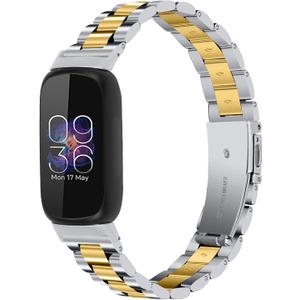 Stainless Steel Band Compatible with Fitbit Inspire 3, Adjustable Metal Watch Bands BraceletsWristband Replacement for Women Men(Silver-Gold)