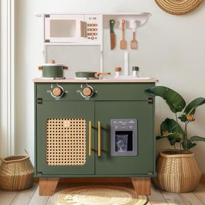 ROBOTIME Play Kitchen with Pretend Ice Cube Dispenser for Toddler, Wooden Kids Kitchen Play Set, Toy Kitchen Set for Kids Age 3 4 5 6 7 (Vintage Green), 31.5 x 21.65 x 11.65 inches