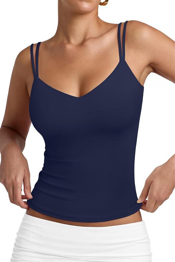 PINKMSTYLE Women Sexy V Neck Tank Top Sleeveless Double Lined Slim Fit Summer Double Spaghetti Strap Cami Going Out Tops XS