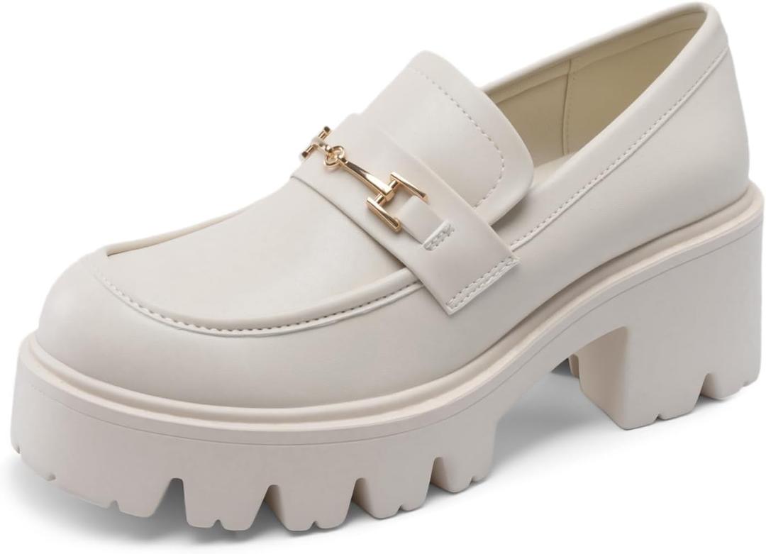 DREAM PAIRS Women Loafers Platform Chunky Heel Slip On Lug Sole Casual Dressy Office Business Shoes (8, White)