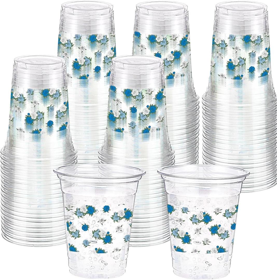 Funnymoom 60 Pack Blue Floral Plastic Cup 12 oz Wedding Flower Disposable Clear Plastic Blue White Flower Drinking Cups for Wedding Bridal Baby Shower Birthday Tea Party Decoration Supplies