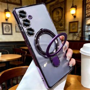 Magnetic for Samsung Galaxy S25 Plus Case Clear with Stand,Built-in Camera Lens Protector[Compatible with Magsafe],Case for Samsung Galaxy S25 Plus 6.7",Purple