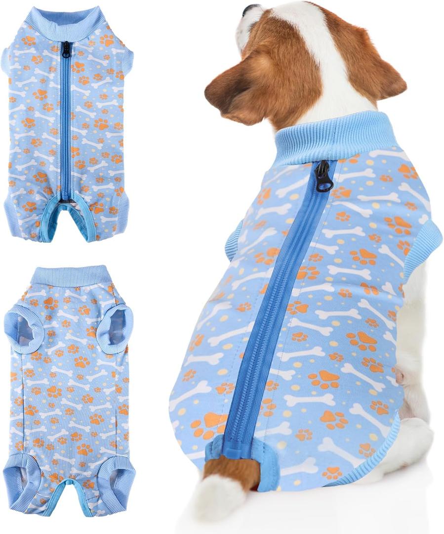 BENCMATE Dog Recovery Suit - Professional Pet Zip Up Onesie with Abdominal Wound Bandages, Substitute E-Collar & Cone (Small, Bones & Paws) (Small [Back Length: 11"])