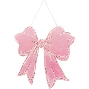 Pink Bow Wooden Hanging Sign for Girls Room - Cute Bow Decor with Ribbon for Door Wall Bedroom - Preppy Coquette Girly Decor for Dorm Nursery Bathroom Apartment - Housewarming Gift for Her