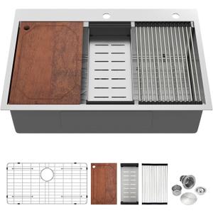 30 Inch Drop In Kitchen Sink - 30 x 22 Topmount 16 Gauge Stainless Steel Workstation Single Bowl 10" Deep Basin