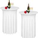 Albassa 2 Pack Cocktail Table Covers 32"x 43" Spandex Stretch Round Cocktail Tablecloths with Wavy Drapes Fitted High Top Bar Table Skirt for Wedding Party Banquet (White, 2 PCS)