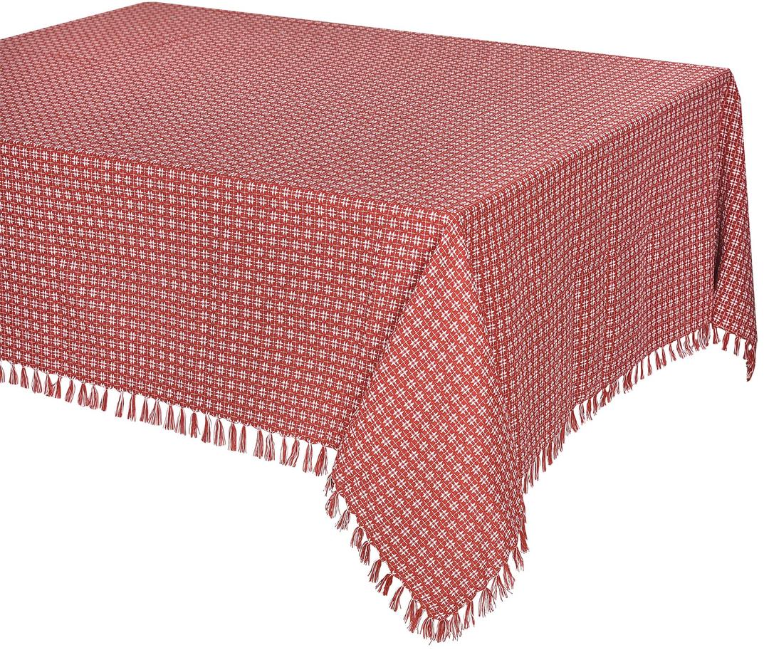 Table Cloth, Spice Red/White Woven Fringed, 100% Cotton Table Cover, Size 60x84 Inch, Suitable for Formal Dining, Everyday Meals and Casual Occasions.