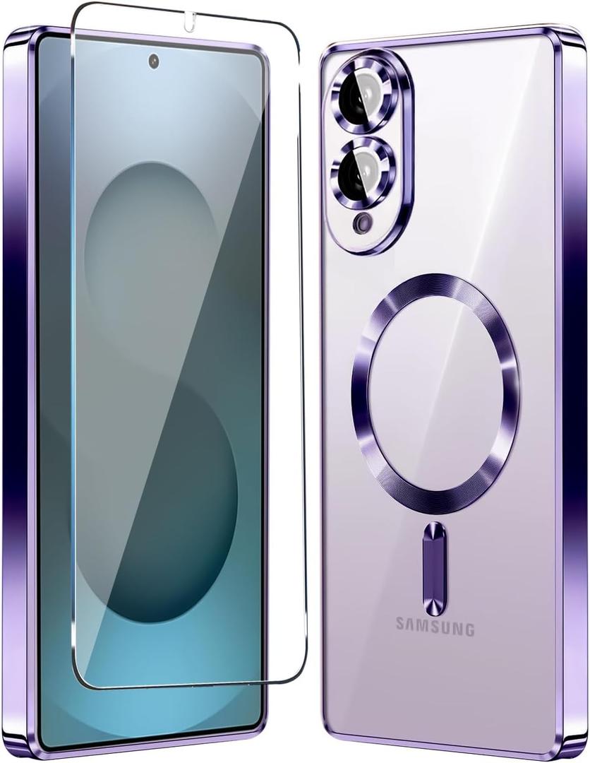 Magnetic Glossy Case for Samsung Galaxy S25 Edge,S25 Edge Phone Case Slim Clear Luxury with Screen Protector & Camera Protector [Compatible with MagSafe], Shockproof Cover for Samsung S 25 Edge-Purple