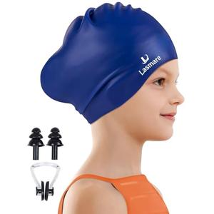 Kids Long Hair Swim Cap for Girls Boys, 2 Size Silicone Swimming Cap for Age 3-15 Toddler Children Teens, Waterproof Swim Hats Bathing Caps with Ear Plugs & Nose Clip to Keep Hair Dry(Age 3-8/Navy)