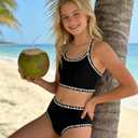 FtcoDcik Girls Swimsuit Double Strap High Waist Sporty Bikini Swimsuits Summer Beach 2 Piece Bikini Sets(11 Years) Black (Black)