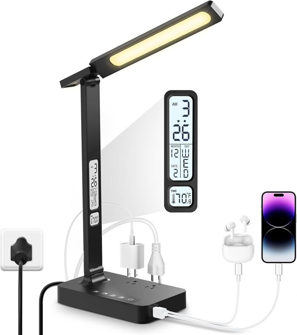 Infiway Desk Lamp with USB Charging Port: LED Eye-Caring Smart Table Light for Home Office - 1 Type-C, 1 USB-A Charging Port, 2 AC Power Outlets (Black-Pro)