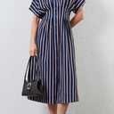 Women's Striped Button Front Pleated Maxi Shirt Dress Short Sleeve Collar V Neck Summer Casual Corset Long Dress (Blue, XL)