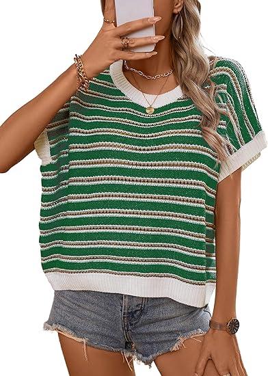RICHSTORY Summer Sweaters for Women 2026 Casual Round Neck Cap Sleeve Striped Sweater Vest Loose Fall Fashion Teacher Clothes Spring Tops Crochet Shirts, Green, X-Large