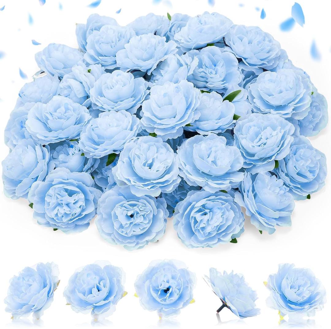 Thiccywoov 50 Pcs Artificial Flowers, 3.2 Inches Silk Rose Head Flowers Fake No Stem for Wedding Bridal Bouquet Home Floral Decor DIY Centerpieces Arrangements Party Tables Decoration(Sky Blue)