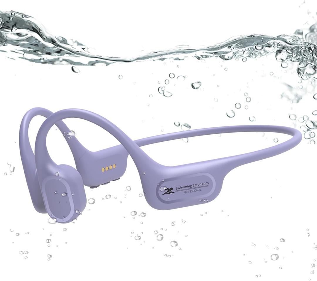 Full-Coverage Liquid Silicone Swimming Headphones, IP68 Waterproof Underwater Headphones, Bluetooth 6.0&MP3 with 32GB Memory Card, Soft/Skin-Comfortable Open Ear Bone Conduction Swim Earbuds(Purple)