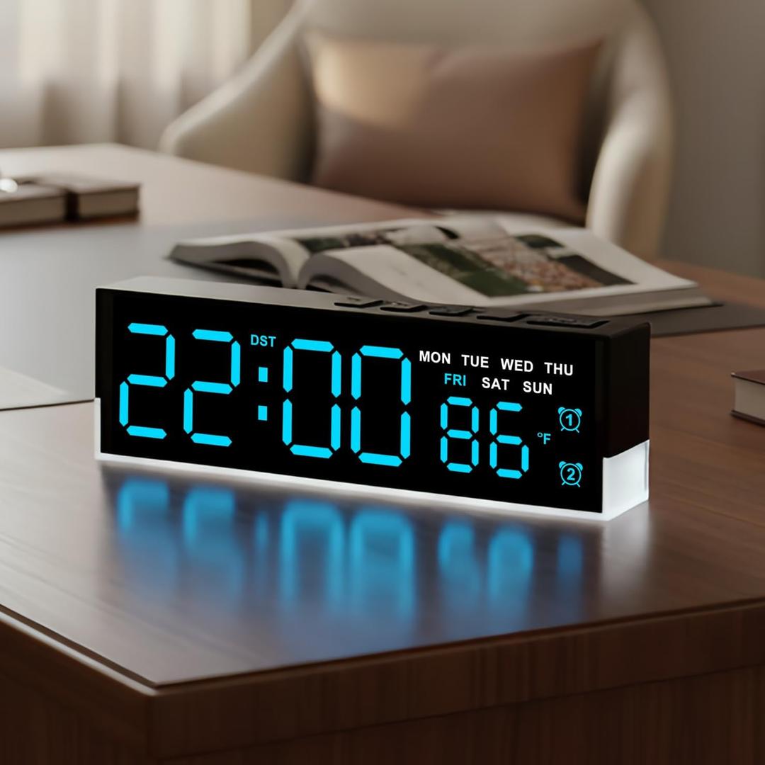 Zyzamay 7 Inch Modern LED Digital Alarm Clock with Dual Alarms & Soft Bottom LightDisplays Time, Date, Day, Temperature3-Level Auto/Manual Brightness, DST, USB or Battery Powered Desk Clock,Blue