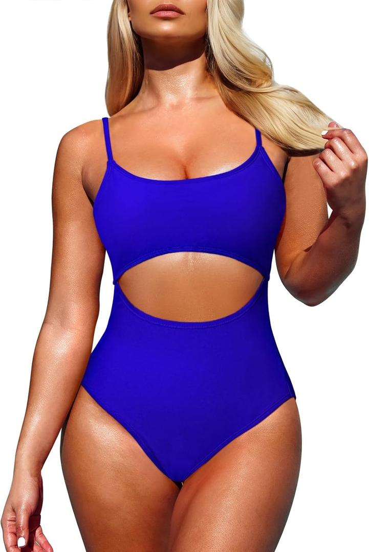 Pink Queen Women's One Piece Swimsuit Spaghetti Strap Scoop Neck Cutout High Waisted Bathing Suit Monokini (Medium,Blue)