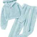 Arshiner Girls 2 Piece Outfits Sweatsuit Fuzzy Long Sleeve Bear Ear Hoodie Sweatshirt and Sweatpant Kids Clothing Sets (12-13Y, Light Blue)