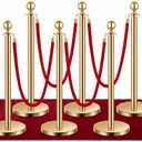Gold Stanchions and Red Velvet Ropes Set (6 Posts, 4 Ropes) Stainless Steel Crowd Control Barriers,Red Carpet Poles for VIP Events & Parties