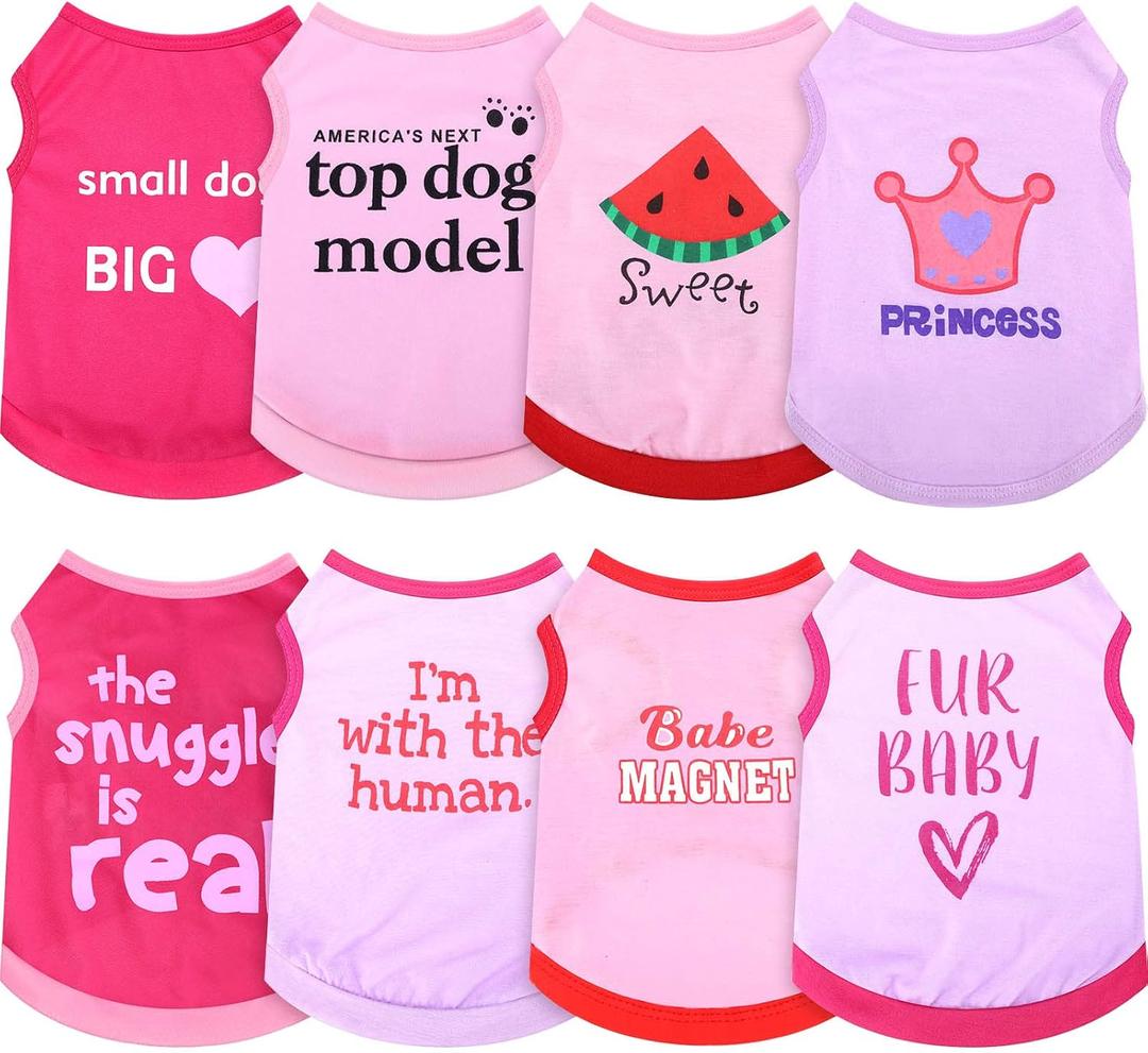 Reginary 8 Pieces Dog Shirts Girl Small Dog Clothes for Chihuahuas Yorkies Female Puppy Shirts Printed Pet Outfit Cute Breathable Soft Valentine's Day Doggie Cat Lovers Gift(Cute Pattern,Size L)