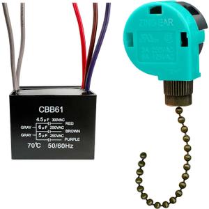 YukiHalu Ceiling Fan Pull Chain Switch 3 Speed 4 Wire, Ceiling Fan Capacitor CBB61 4.5uf + 6uf + 5uf 5 Wire 250V, Light Switch for Fan and Light (Antique)