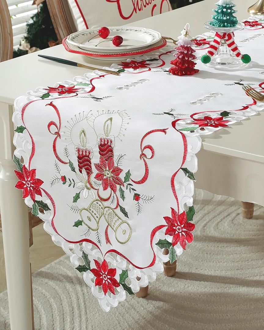 Christmas Table Runner with Embroidered Holly Leaves Poinsettia Candle Bell Winter Farmhouse Christmas Decorations Indoor Home Party Decor 68 Inches Long