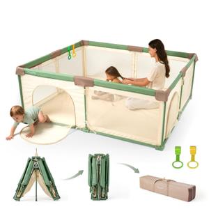 Tinyiota Foldable Baby Playpen, 59x71 Inch Portable Play Yard for Babies and Toddlers with Soft Breathable Mesh, Storage Bag & 2 Pull-Toy Handles for Indoor & Outdoor (Green, 59x71)
