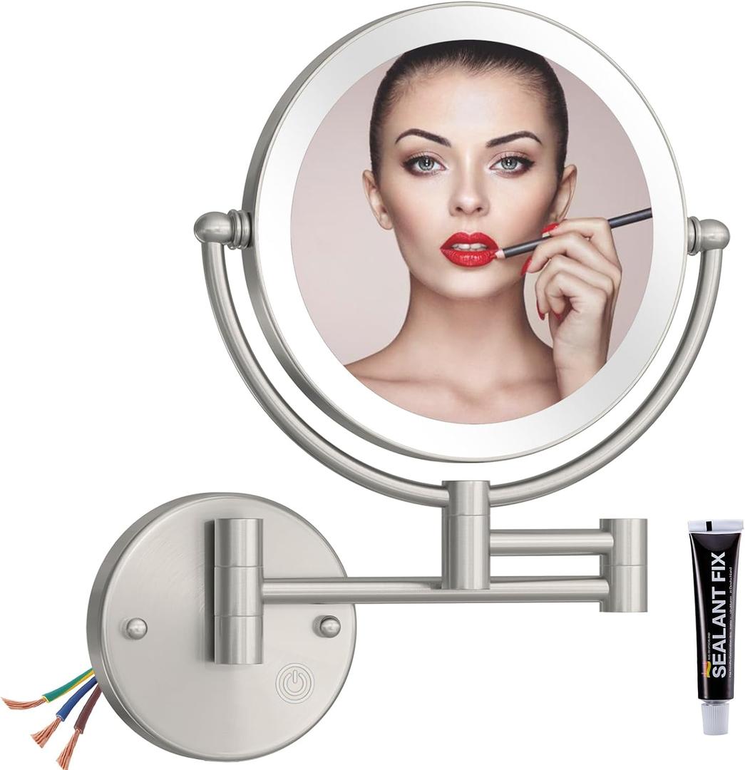 Bathroom Magnifying Makeup Mirror Wall Mounted with Light, Hardwired 7W LED Lighted Vanity Mirror, 360 Swivel 17.7 Inch Brass Extension Arm, Touch Dimmable, Brushed Nickel