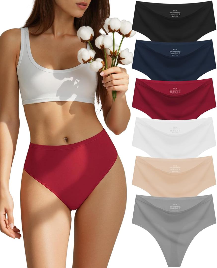 Sosusu Seamless Underwear for Women Cotton Thongs High Waisted Soft Breathable No Show Panties Invisible Stretch 6 Pack (Large)