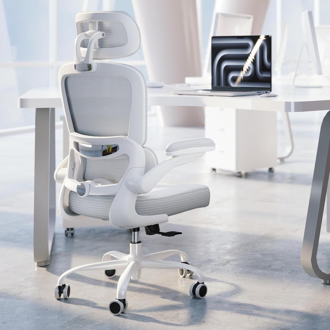 TRALT Ergonomic Office Chair - Desk Chair with Adjustable Headrest Lumbar Support Computer Chair - Mesh Comfy Chair with Flip-up Armrests - Gaming Chairs for Adults Home Office (Leather, White), Pack of 1