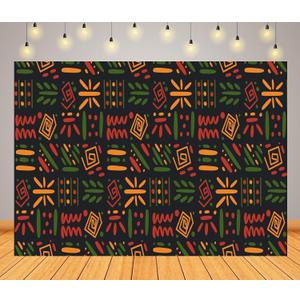 BELECO 10x8ft Fabric African Clash Ethnic Tribal Backdrop Red, Yellow, Green Symbols, Square Repeat Lines Backdrop for Black History Month, Juneteenth, Kwanzaa Background Banner Photo Studio Props