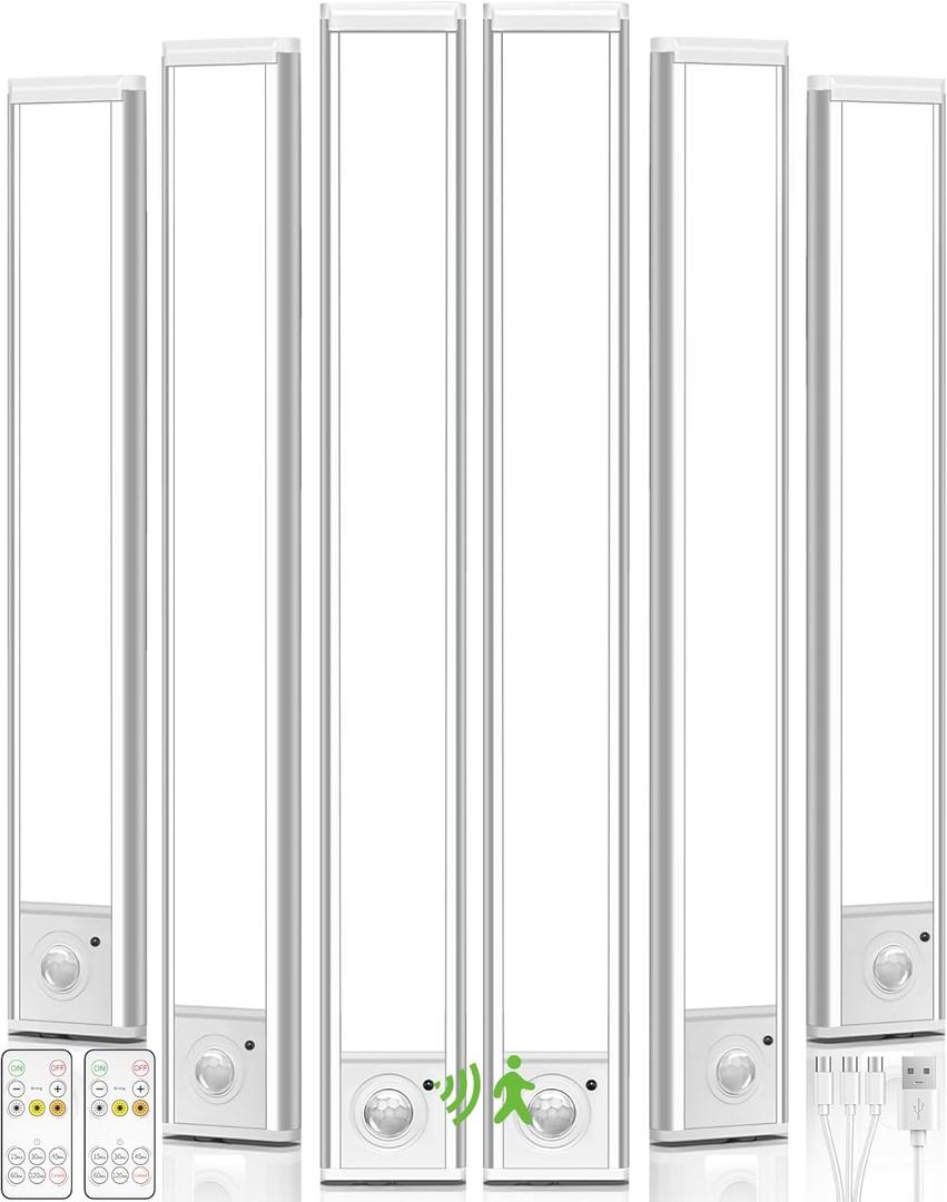 6Pack 16inch Under Cabinet Lighting, Rechargeable Motion Sensor Light Wireless Indoor, Dimmable 3 Color Temps Closet Lights with Remote, Under Counter LED Lights for Kitchen, Stairs