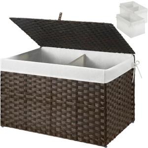 GREENSTELL Storage Basket with Lid, 17.2 Gallon(65L) Small Wicker Blanket Storage Basket with Handles, Foldable, 2 Removable Liner Bags, Metal Frame, for Bedroom, Laundry Room, Brown, 22.2"*13.4"*13.4"