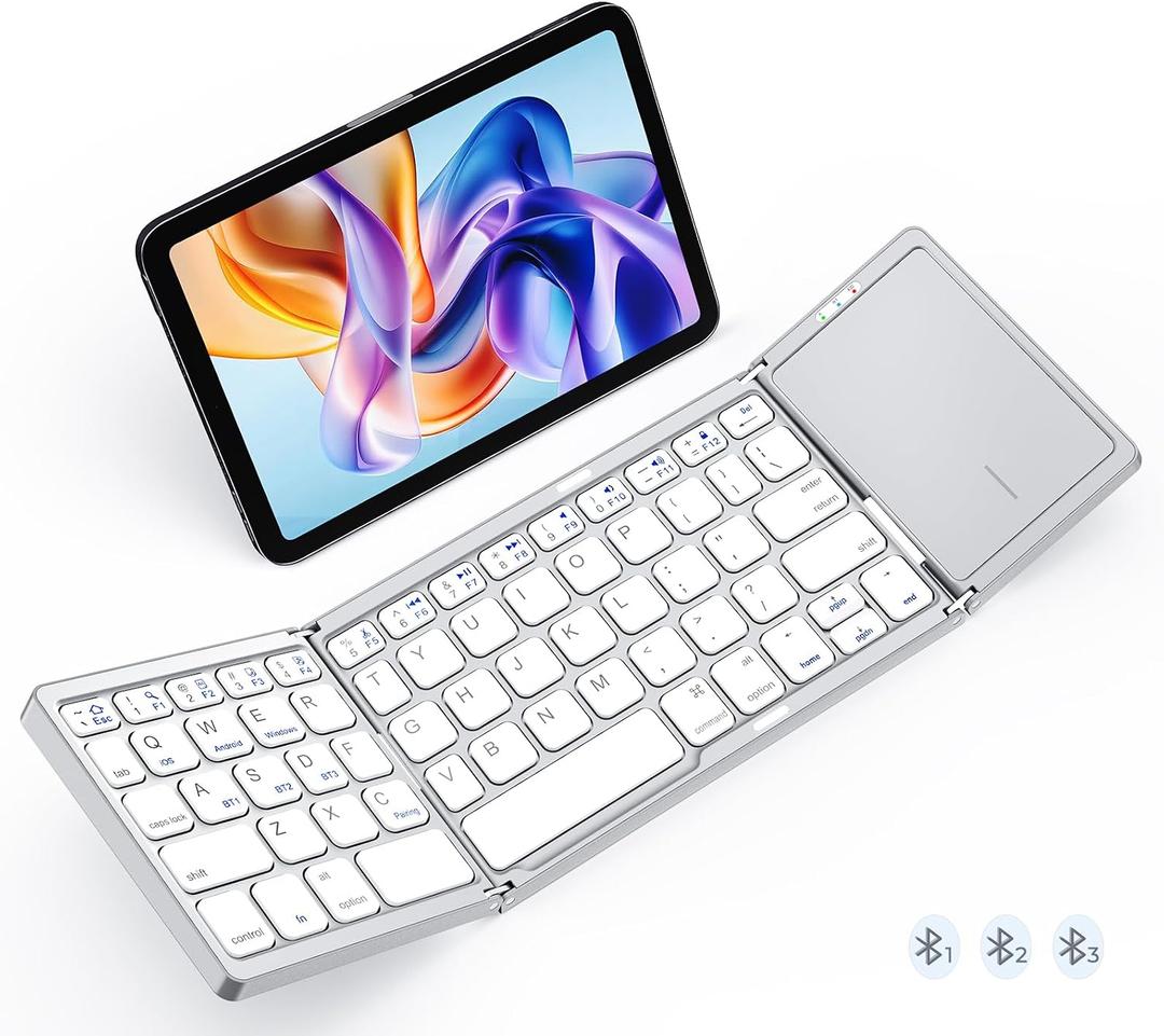MEETION Foldable Keyboard with Touchpad, Bluetooth Wireless Portable Keyboard, Rechargeable Ultra Slim Pocket Folding Keyboards, Full Size Keys, Travel for iOS Android Windows Laptop PC Tablet White