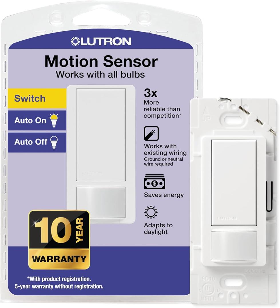 Lutron Maestro Motion Sensor Light Switch Indoor for Bathroom, Garage, Laundry Room, Any Bulbs, Occupancy Vacancy Sensor, Single-Pole, MS-OPS2-WH, White (1 Pack)
