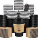 100 Pack 12 oz Coffee Cups with Lids, Disposable To Go Paper Coffee Cups with Sleeves and Stirring Sticks for Hot/Cold Drinks Office Home Shop Event (Black)