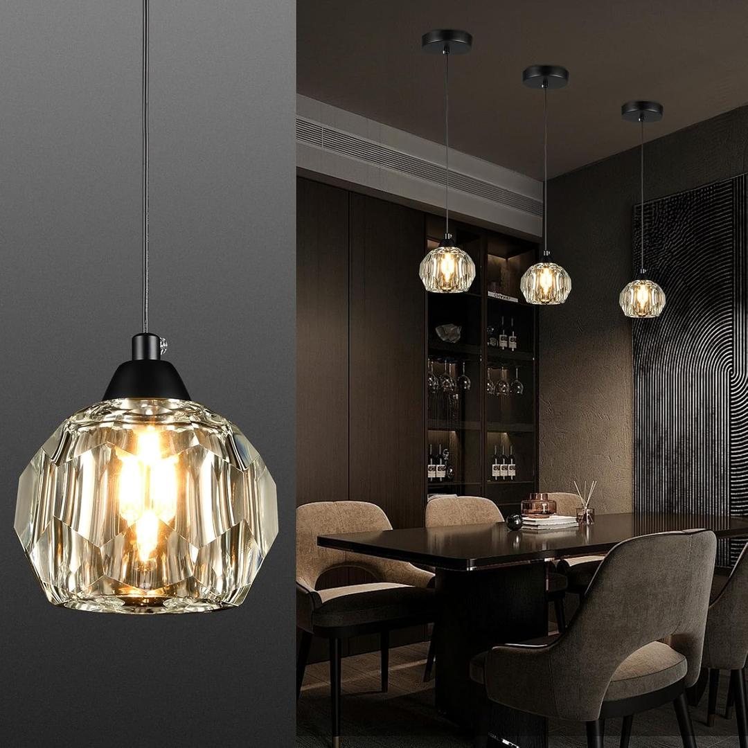 Crystal Chandeliers for Dining Room Lights Fixture Over Table, 1-Light Black Modern Pendant Light FixtureCrystal Pendant Lighting for Kitchen Island Bathroom Bar