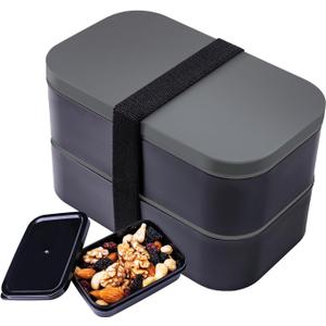 Stackable Bento Box with Utensils Microwave Safe, All-in-One Meal Prep Compartment Lunch Containers Leak Resistant Lunch Box with Sauce Container 60oz Gray  