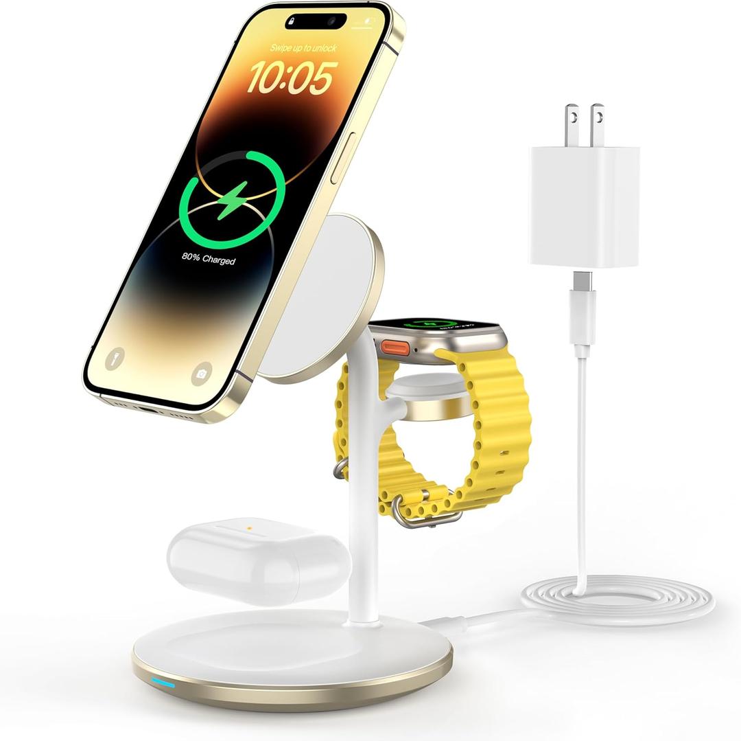 XooFly 3 in 1 Wireless Charging Station for Apple Devices, Fast Wireless MagSafe Charger Stand with 20W Adapter for iPhone 17/16 15 14 13 12 Pro Max/Pro/Plus/Air/Mini, iWatch, AirPods (Gold)