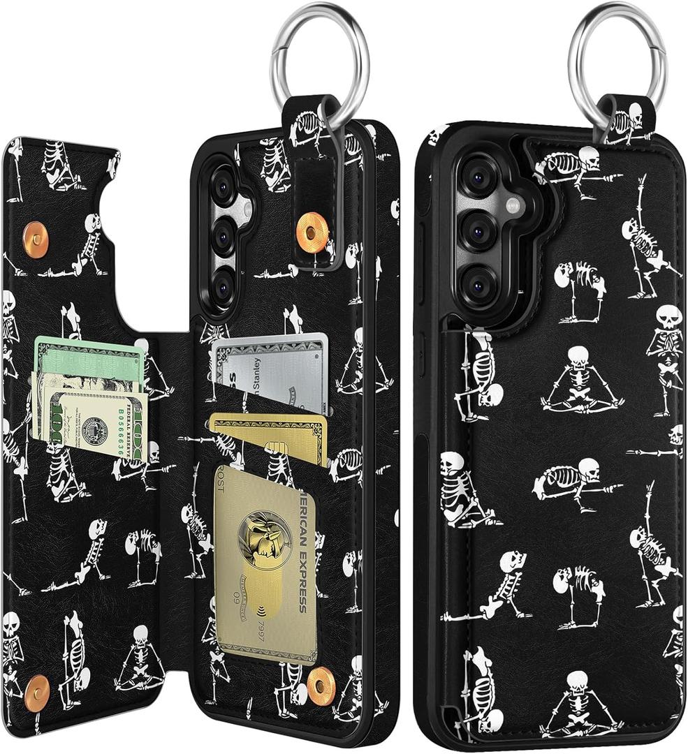 Shorogyt for Samsung Galaxy S24/for Samsung Galaxy S25 Wallet Case with Card Holder, Designer Skeleton Pattern Kickstand Magnetic Clasp Back Flip Folio Leather Phone Cases for S24/S25 for Women Girls (16-Black Yoga Skeleton)
