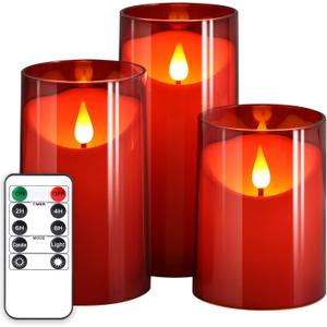 NURADA Flameless Candles with Remote Timer: 3D Wick Battery Operated Led Pillar Fake Candle Set for Wedding Birthday Valentine's Day Christmas Decorations - Red 3 Pack (4" x 5" x 6")
