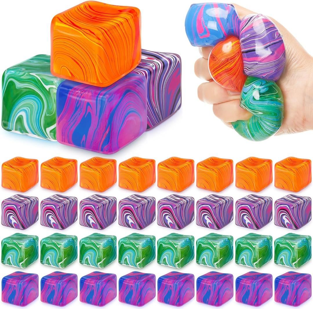 32 Pcs Stress Cube Bulk Ice Cube Stress Ball Anxiety Relief Soft Squeeze Sensory Ball for Party Favors Prizes Goodie Bag Stuffers (Pink,Purple,Green,Orange)