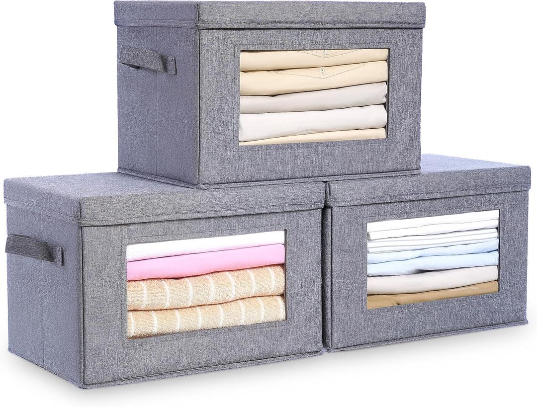 3-Pack Collapsible Storage Bins with Lids, Linen Fabric Foldable Storage Boxes, Cube Closet Organization for Clothes, Blankets and Books, Gray (Grey)