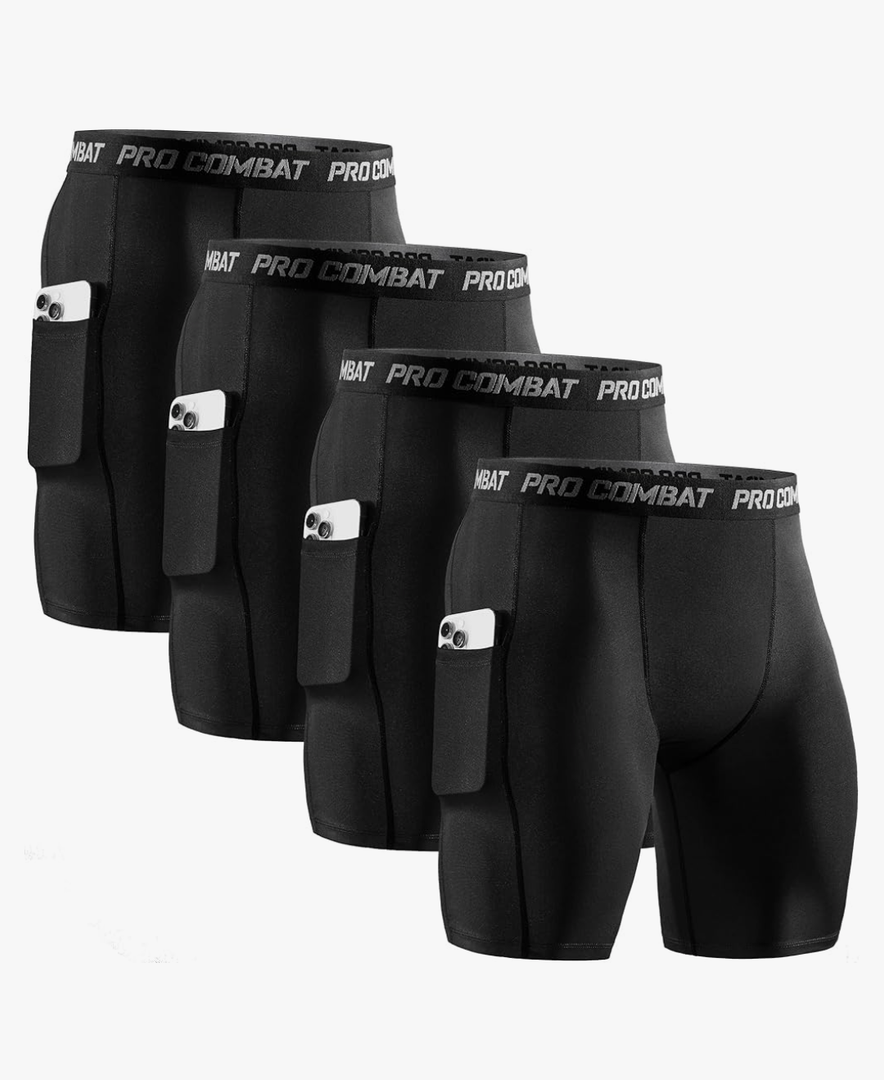 Niksa 2/4 Pack Compression Shorts Men with Pocket, Spandex Running Shorts Sport Athletic Workout Performance Underwear, size L